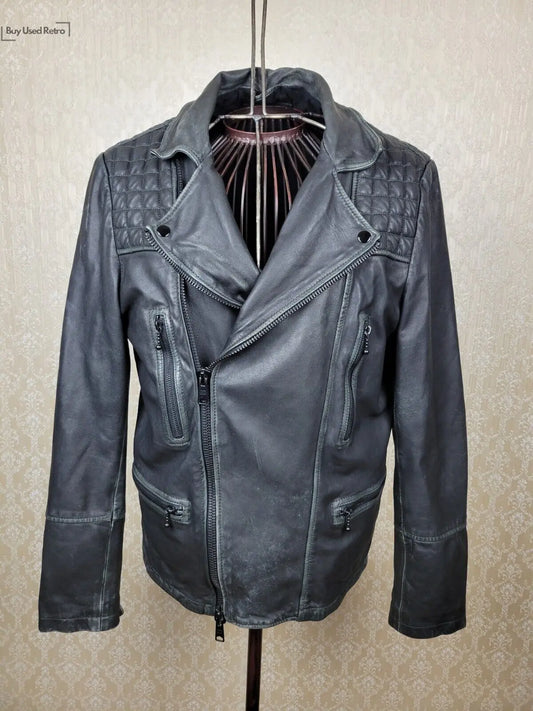 All Saints Mens Cargo Biker Leather Jacket Black Distressed Size L AllSaints