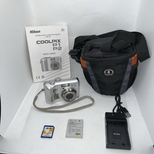 Nikon Digital Camera Coolpix P2 5.1MP Silver Tested + Battery, Charger SD, Case Nikon