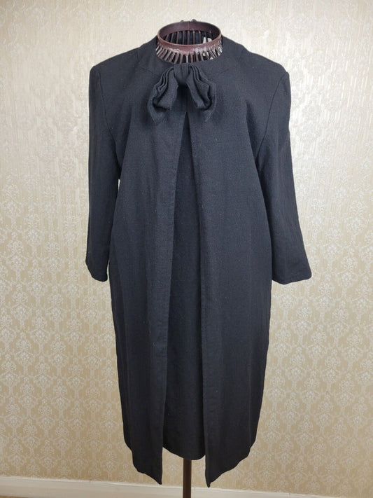 Jaeger Midi Dress Black Pencil With Bow 60`s Style Pure Wool UK 10 Jaeger