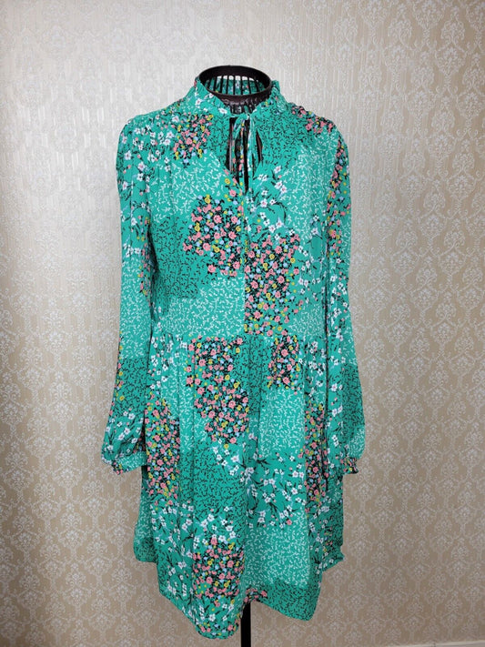 Women's M&S Dress Green Floral Print Tie Neck Long Sleeve Smock Dress Size6 NWOT Marks and Spencer
